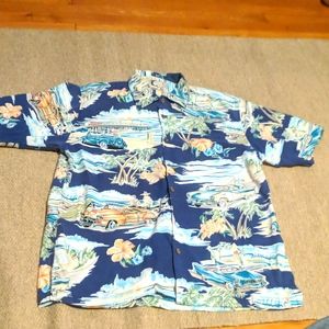Vintage Bluewater wear Hawaiian style shirt car theme. Made in USA